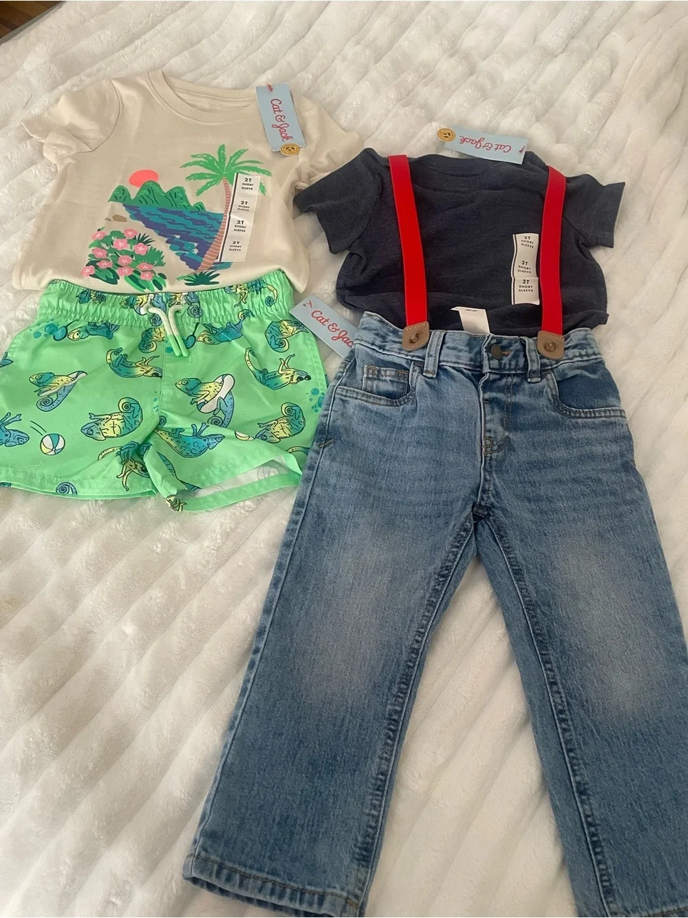 Cat & Jack Neon Green Swim Shorts with Yellow and Teal Chameleon Print 4 pieces